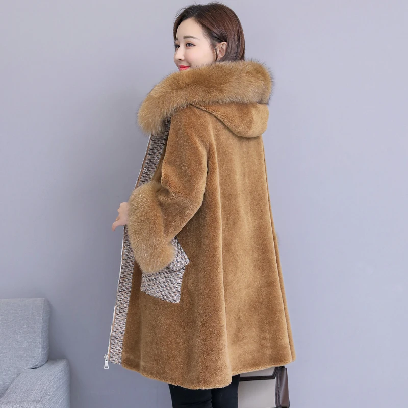 Женское длинное пальто из овчины Свободное искусственного меха с капюшоном и