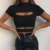 fashion female casual sexy chest hollow out crop top solid sexy women slim tops tee shirt