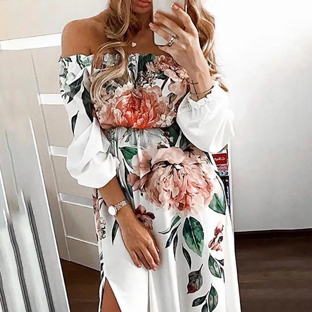 Летнее платье с открытыми плечами и цветочным принтом женское осеннее
