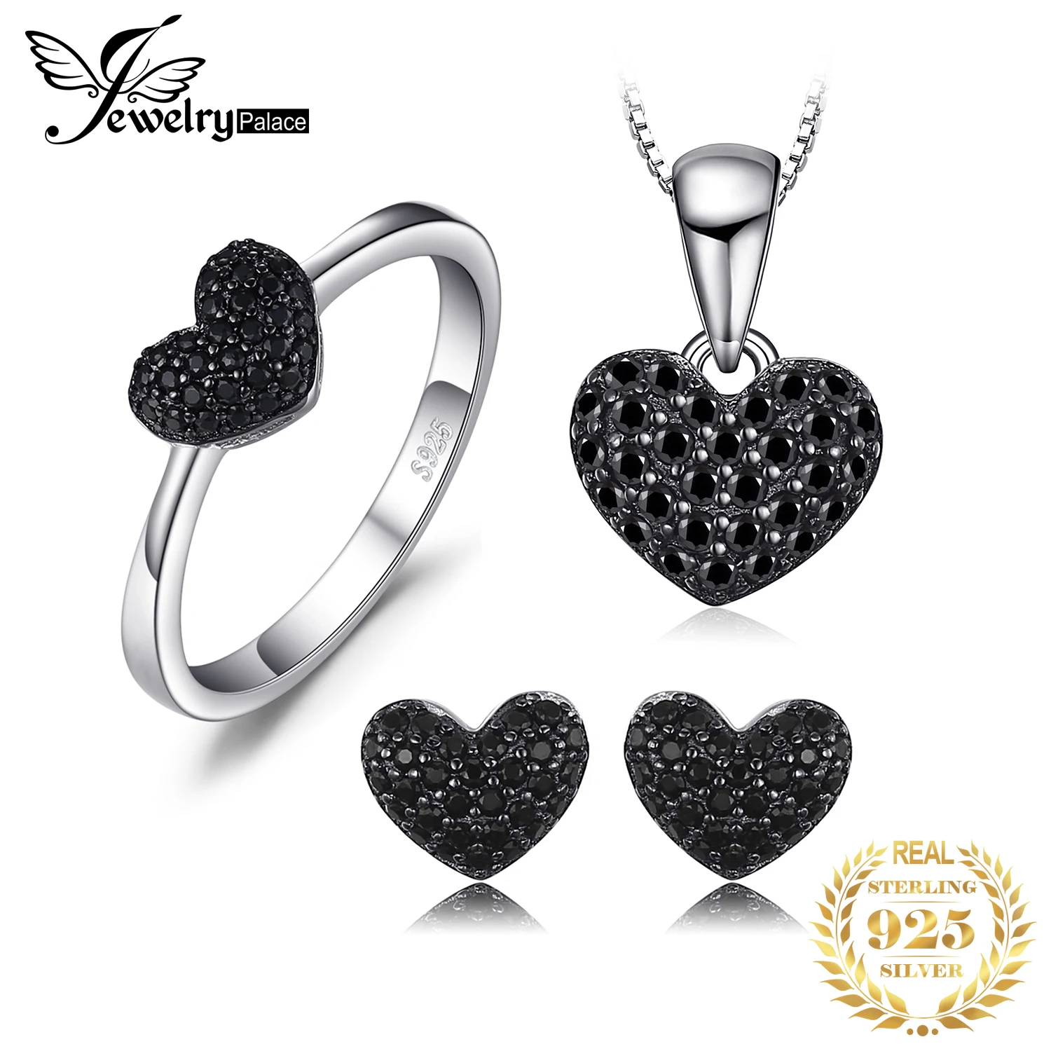 JewelryPalace Heart Love Natural Black Spinel 925 Sterling Silver Ring Pendant Necklace Stud Earrings Gemstone Women Jewelry Set