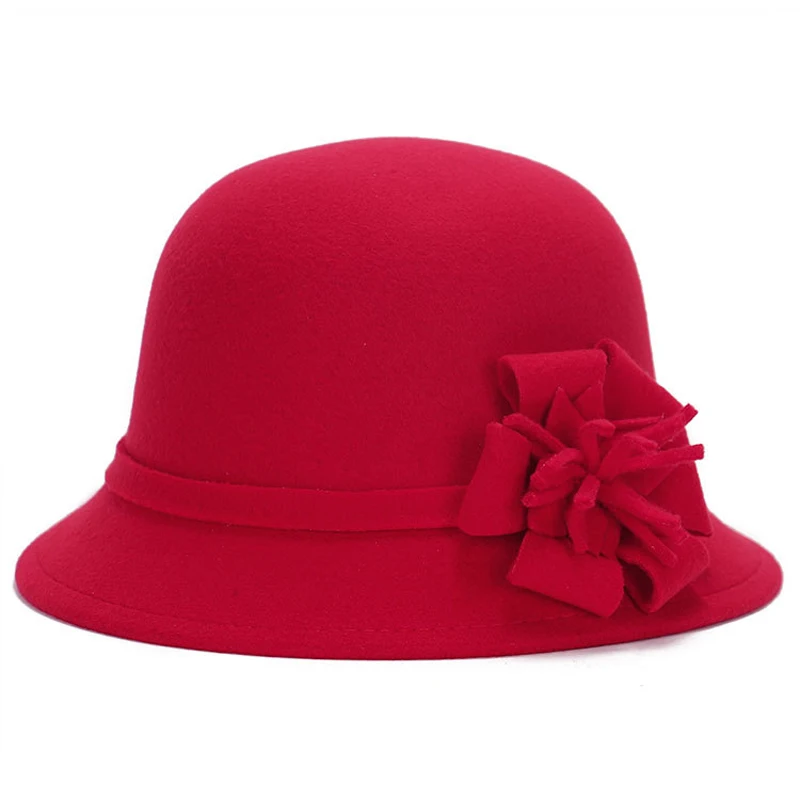 Шляпа женская с широкими полями модная шерстяная фетровая мягкая Федора цветами