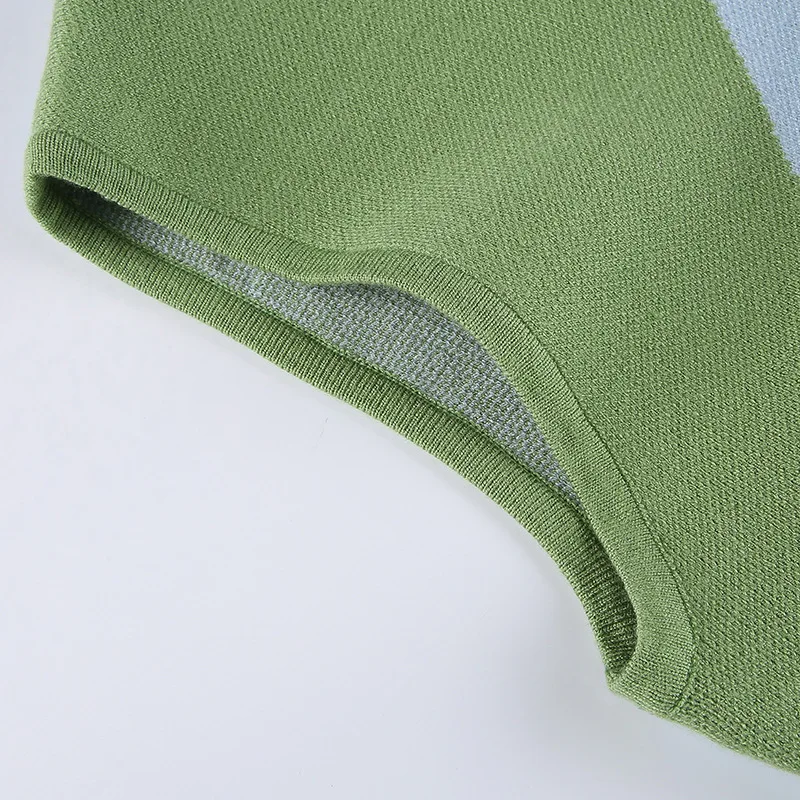 

Women\u2019s Summer Sleeveless Knitted Dress Fashion Contrast Color Round Neck Tight Short Dress