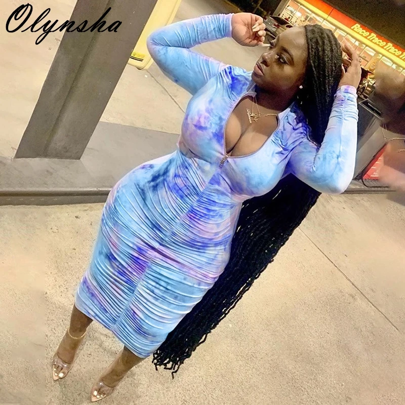 

Женское облегающее платье миди с принтом Tie Dye, облегающие платья на молнии с длинным рукавом, осенняя уличная одежда 2020, длинное платье с рюш...