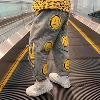 baby boys jean pants kids denim trousers children casual jean yellow face printed cotton trousers 90 to 160