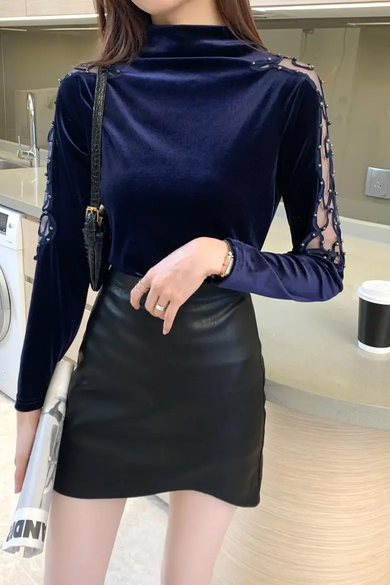 

2020 Autumn Winter Tops Velvet T shirt New Korean fashion High neck Patchwork embroidered shirt long sleeve Casual clothing