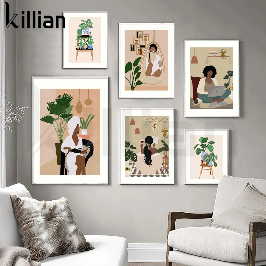 

Boho Abstract Indian Girls Canvas Painting Monstera Bohemian Illustration Wall Art Posters and Prints Nordic Style Home Decor