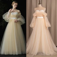 Off Shoulder Criss Cross Tulle Wedding Dress Boho Long Bishop Sleeve Princess Plus Size Pleated Appliques Photoshoot Bridal Gown