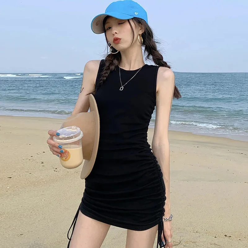 

2021new Ribbed Mini Dress Women Off Shoulder Sexy Party O Neck Drawstring Knit Club Tank Bodycon Short Women's Summer Dresses