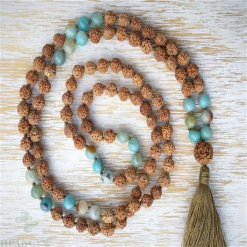 8mm Amazonite Rudraksha Mala necklace 108 Beads Tassel Buddhism energy pray Wristband Chakas Gemstone Bless cuff Sutra Handmade