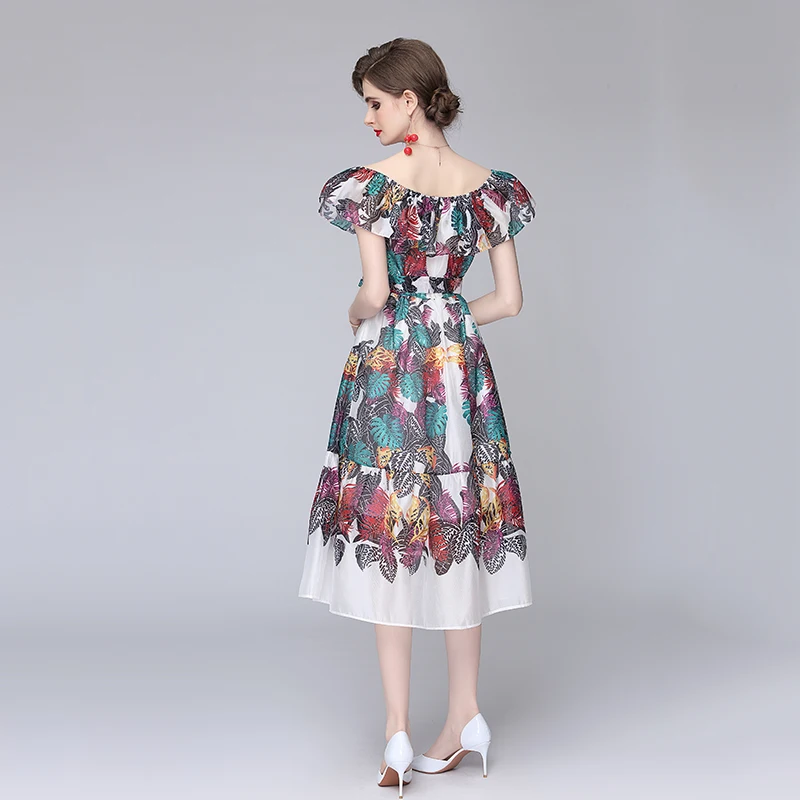 

Banulin 2021 Runway Summer Dress Women Ruffles Slash Neck Floral print Bow Sashes Elegant Holiday Chiffon Midi Dress N61142
