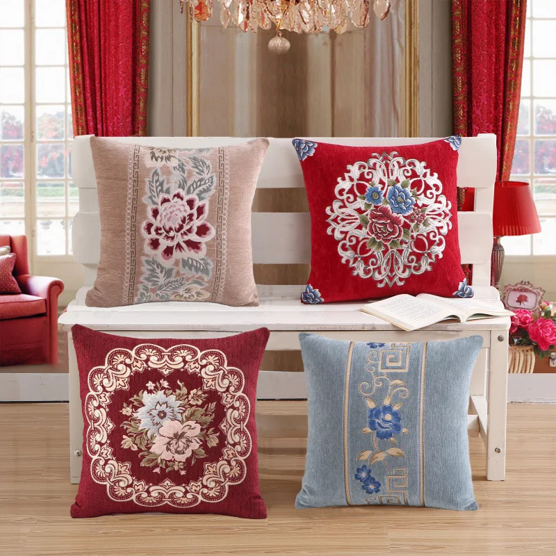 

European Flowers Chenille Pillowcase 45*45cm Sofa Square Cushion with Core Home Decorative Seat Bay Window Mat Tatami Futon