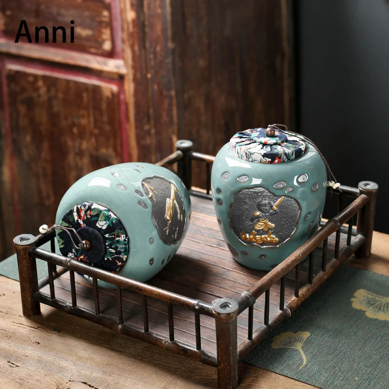 

Geyao Tin Alloy Lid Tea Tins Chinese Vintage Ceramic Tea Leaves Organizer Sealed Storage Jars with Lid Living Room Decoration