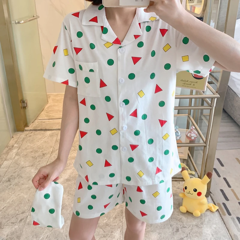 Summer Shorts Pajamas for Women Japan Anime Sleepwear Crayon Cartoon Print Pijama Grils Nightwear Homesuit Casual Eyemask Ins