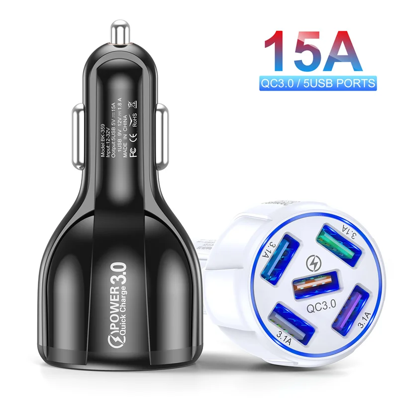 Автомобильная зарядка 5 портов USB 30 Вт Быстрая Мини-зарядка 15 а для iPhone 11 Xiaomi Huawei