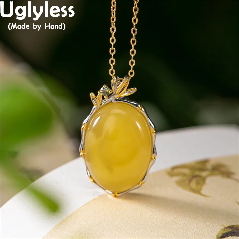 

Uglyless Real Silver Leaves Bamboo Jewelry Sets Women Ethnic Natural Jade Amber Earrings Pendants Necklaces NO Chains 925 Silver