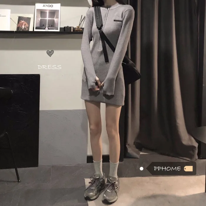 

Супер базовое платье черный/серый тонкий нитки дна, сексуальные женские платья, с длинными рукавами, застежка-молния трикотажные короткое п...