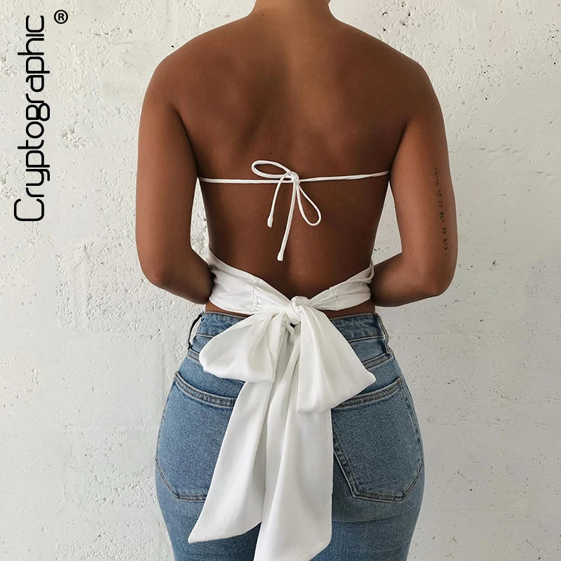 Cryptographic/модные Сатиновые укороченные топы на бретельках без рукавов с открытой
