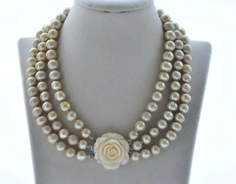 3Row 10-11mm Golden Round Freshwater Pearl Necklace 18