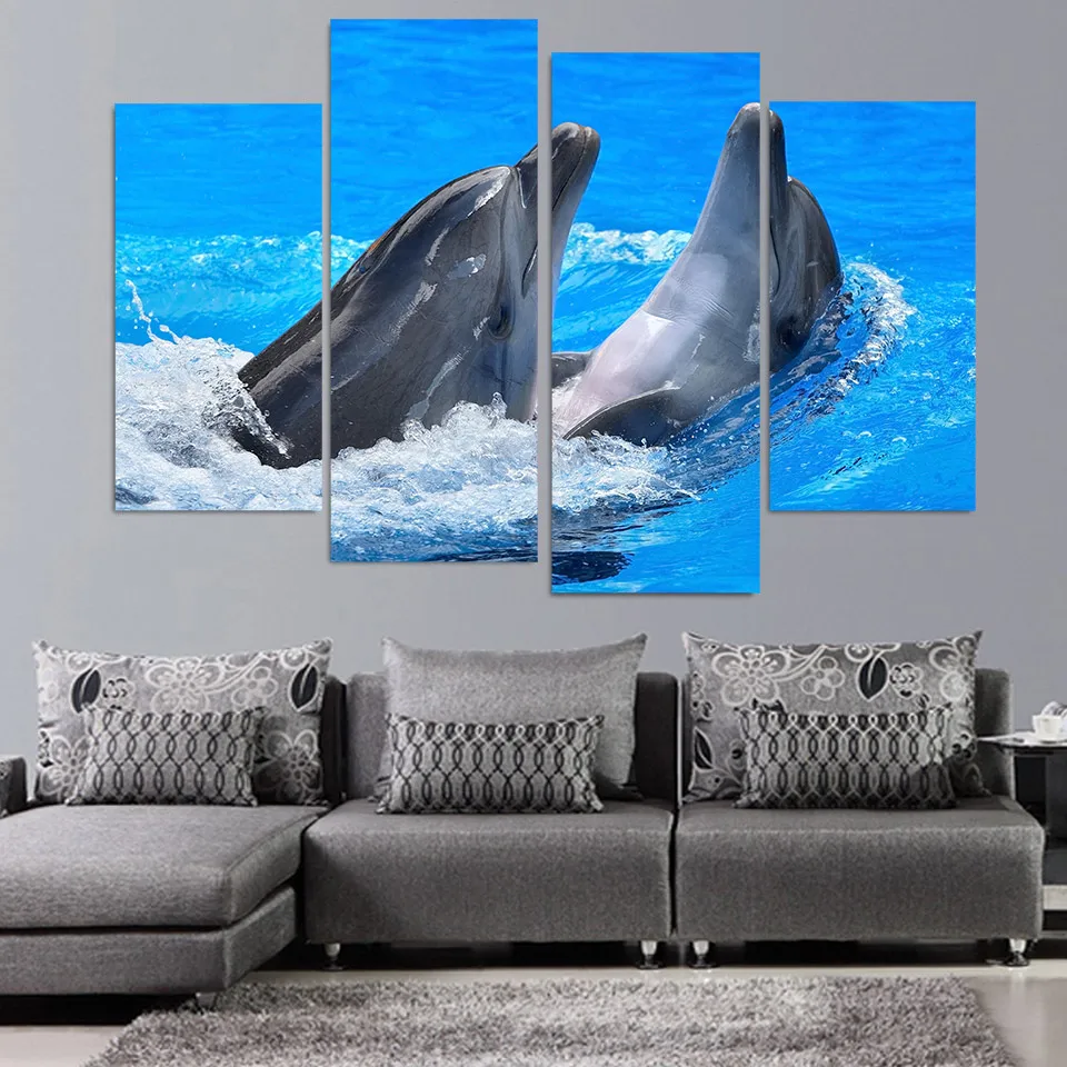 

4 Panels Canvas Painting Dolphins Play Spray Hd Printed Wall Art Poster Home Decoration Wall Picture for Living Room No Framed