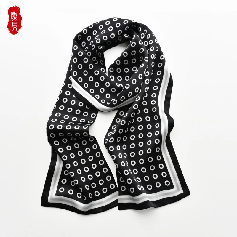 

Модные женский черный принт в виде кругов из натурального шелка с длинными волосами шарфы для женщин хиджаб повязка на голову для мужчин ша...