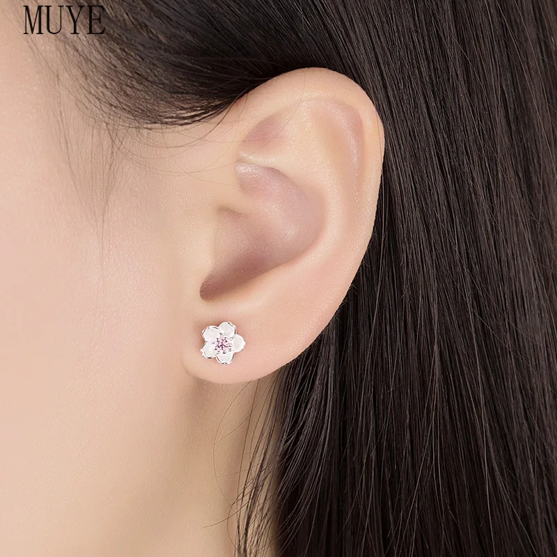 

MUYE 925 Sterling Silver Inlay Zircon Cherry Blossom Flower Stud Earrings for Women's Girl's Romantic and Elegant Fine Jewelry