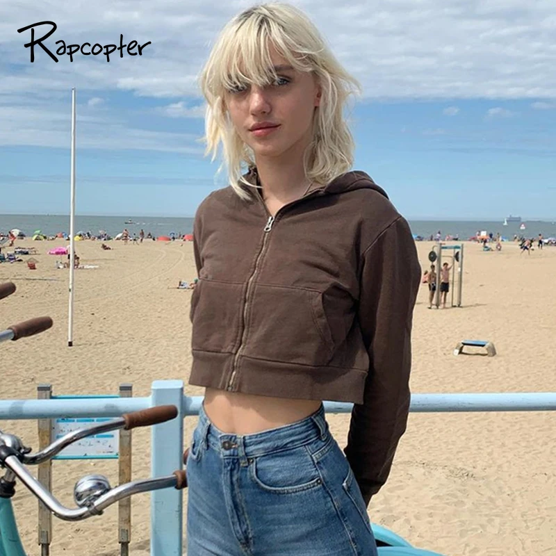 Rapcopter коричневый Harajuku куртки Y2K кроп топ с длинными рукавами толстовки капюшоном