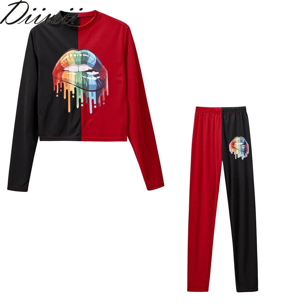 

DiiWii New Womens Casual Lip Print Black White Contrast Two Piece Sports Suit