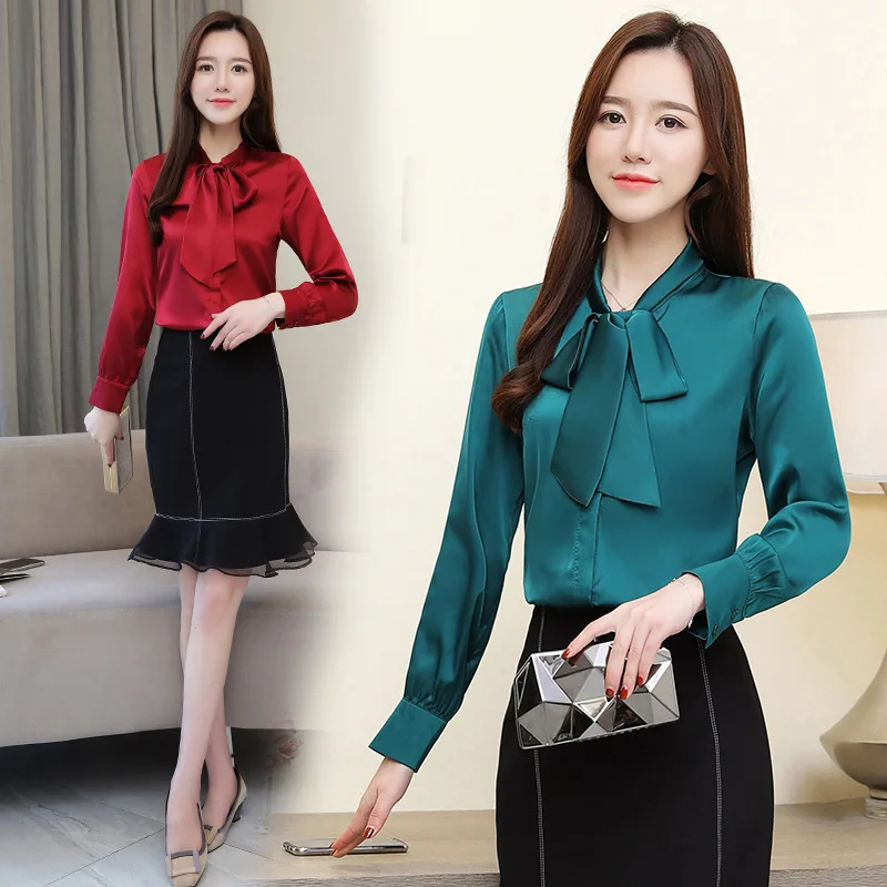 

Женская шифоновая рубашка с длинным рукавом, однотонная офисная рубашка с воротником-стойкой и бантом, весна 2021