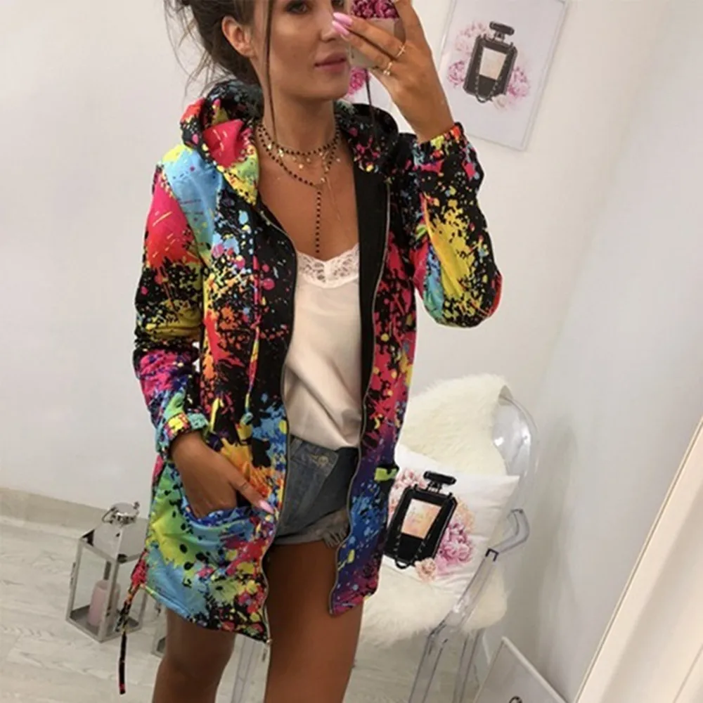 

Women Casual Pocket Hoodies Outwear Coat Colourful Tie Dye Printed Jacket Autumn Lightweight Zipper Hooded Windbreaker Plus Size