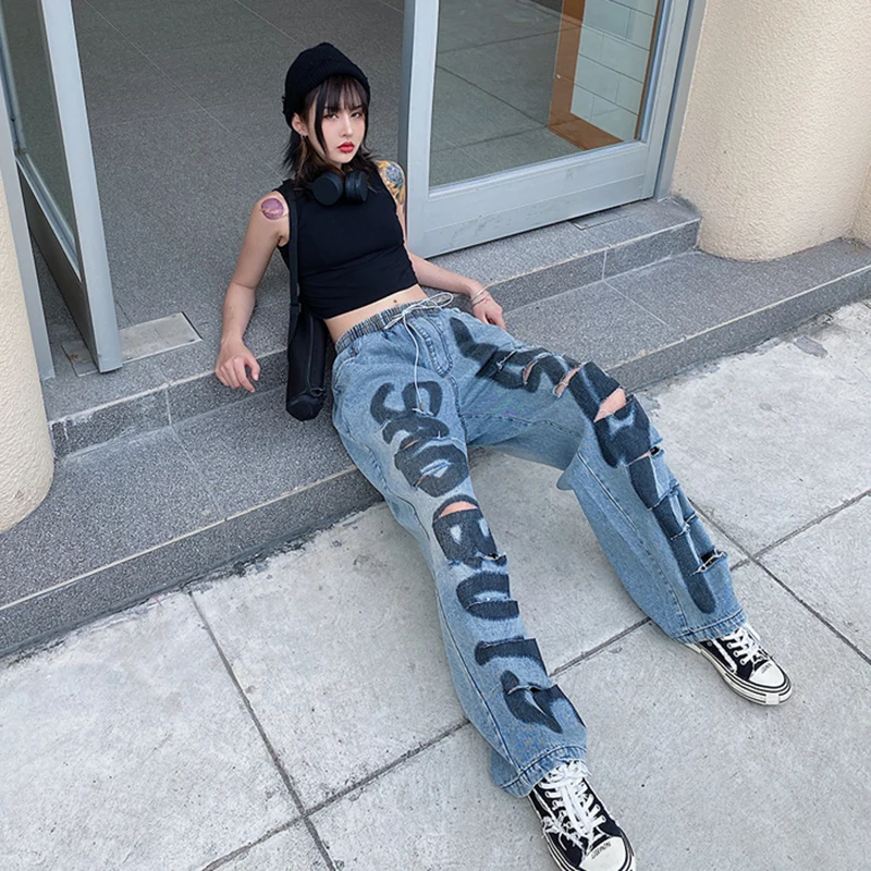 

CHICEVER Casual Hole Letter Denim Pant For Women Elastic High Waist Full Length Hit Color Straight Jeans Females Summer 2021 New