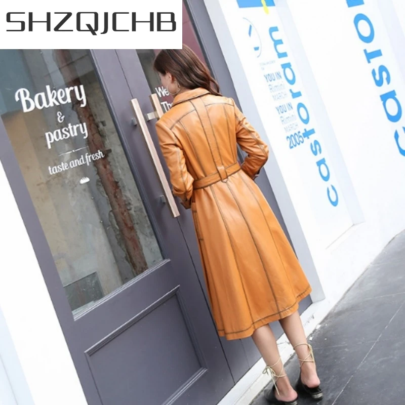 

JCHB 2021 Luxury 100% Sheepskin Long Trench Coat Elegant Office Lady Slim Sashes Yellow Coat Autumn New Retro Runway Overcoat Wi