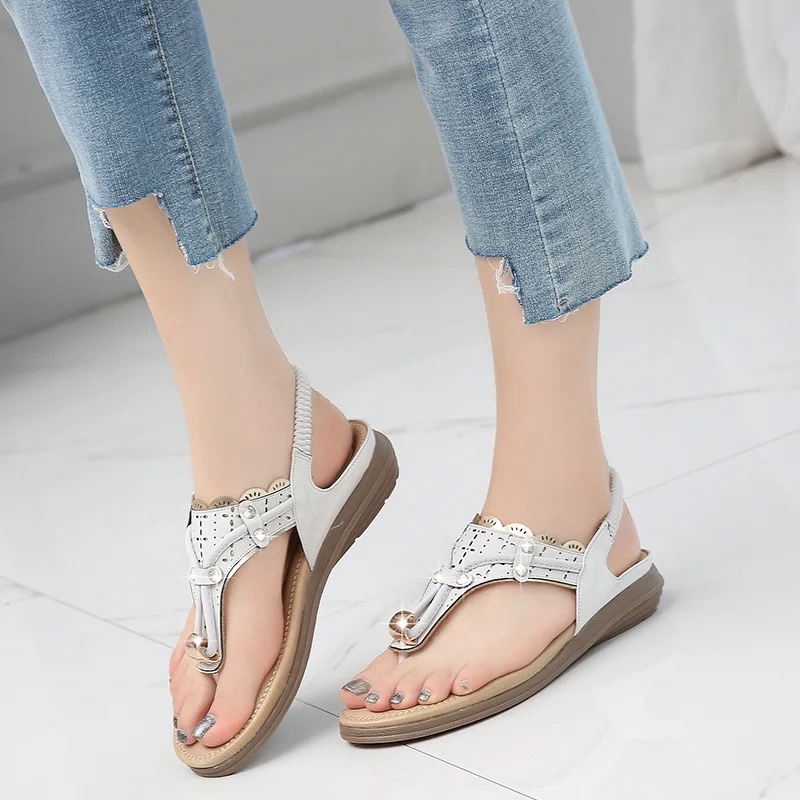 

Bohemian Comfortable Flats Sandals Women Summer 2021 Solid Casual Woman Crystal Clip Toe Beach Ladies Shoes Chaussure Femme Plus