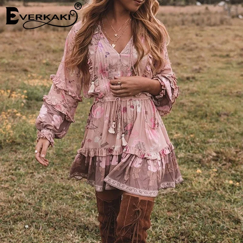 Everkaki/мини-платье с оборками для женщин, Boho, с принтом, кисточками, поясом, с завязками, с длинным рукавом, женские короткие платья, женские,, осень, Новинка