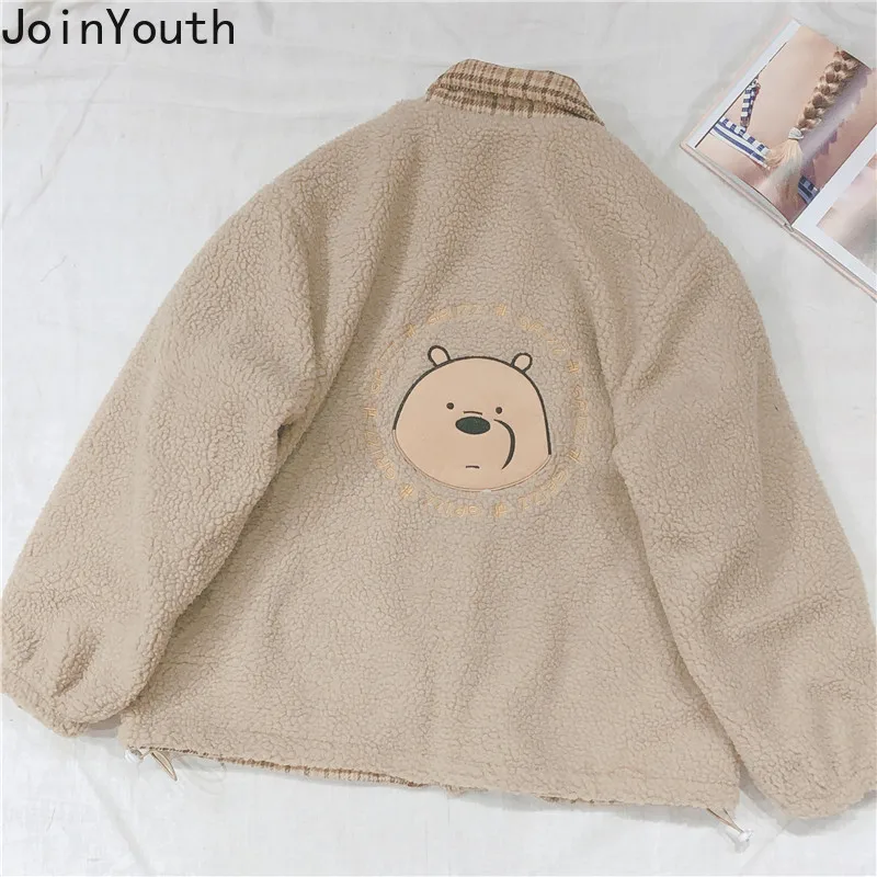 

FAKUNTN Winter Jackets Clothes Women 2021 Plaid Coat Woman Embroidery Bear Thicked Outwear Wear on Both Sides Lamb Wool Jacket