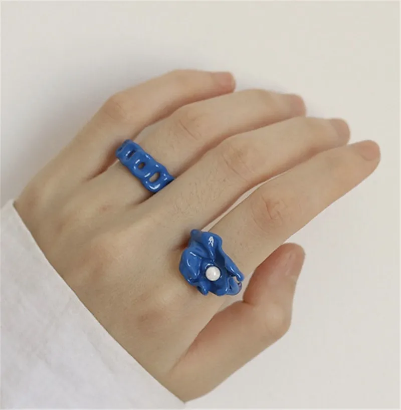 AOMU Корея панк стиль ручная работа эмаль синяя мгновенной проявки Macaroon кольцо