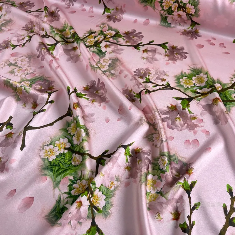 

1 Meter Silk Fabric Cheongsam Dress Shirt Printing Stretch Satin Soft Pink Cherry Blossom Rain