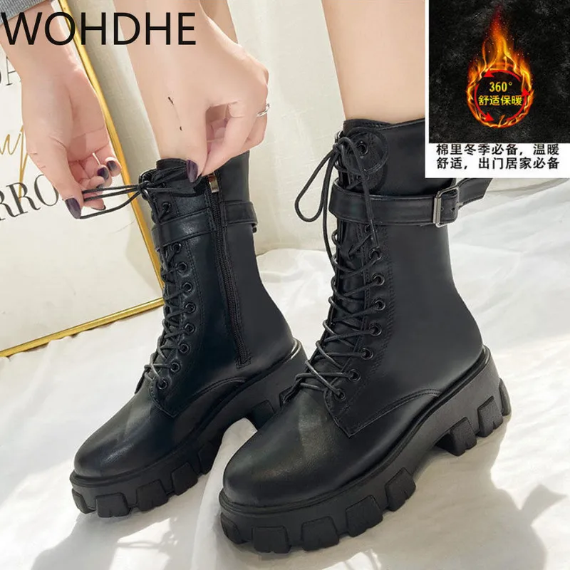 

2020 New Round Head Lace Up Thick Heel Martin Boots Middle Tube Fashion Motorcycle Boots Chunky Heel Wedges Mid Calf Women Boots