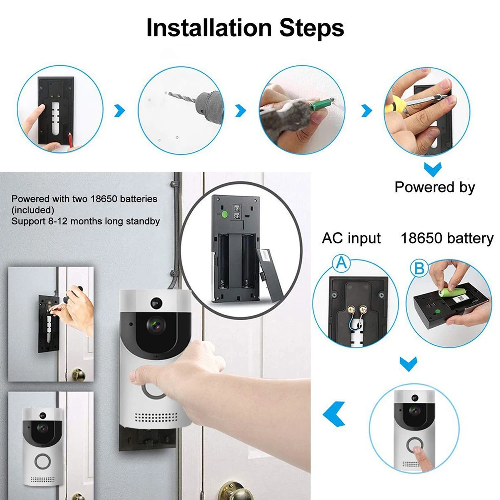 

Video Intercom Waterproof HD Wireless WiFi Video Doorbell PIR Camera Night Vision Two-Way Audio Battery Doorbell Ring