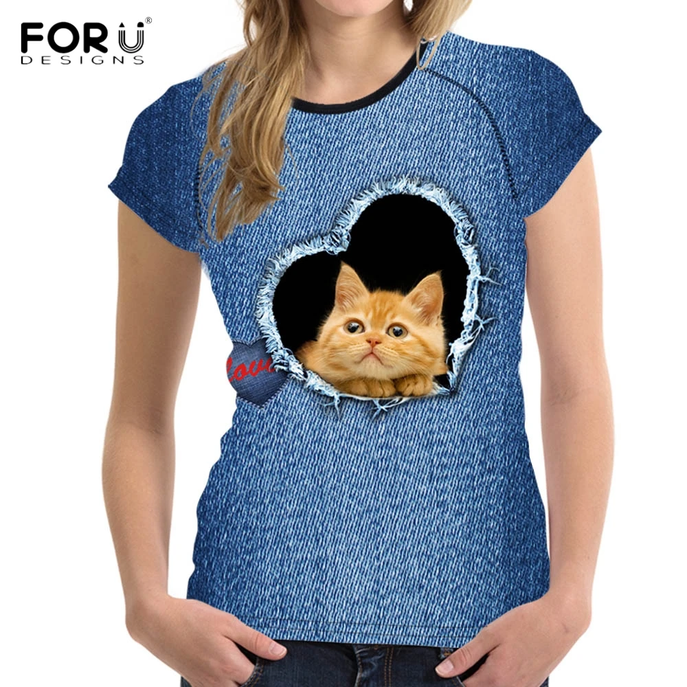 

Футболка женская из денима с принтом кошки и котенка, с коротким рукавом