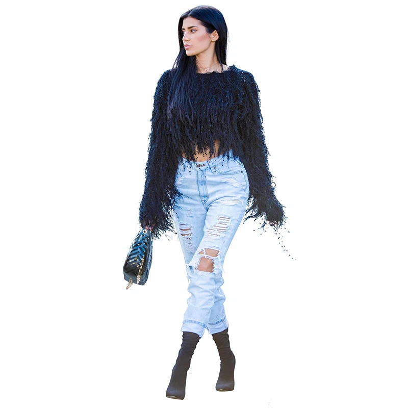 

2020 New Fashion Knitted Sweaters For Women Autumn Winter Long Sleeve O Neck Tassel Short Pullovers Casual Tops Nightclub Party