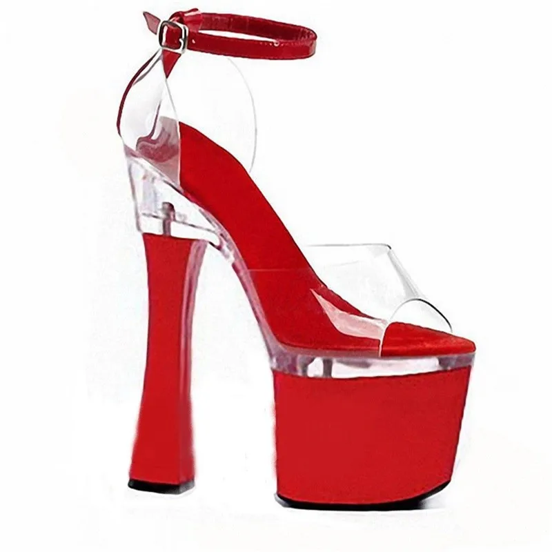 Factory quality goods Red color matching transparent bread with sandals Ultra high heels, 18 cm sexy nightclub Dance Shoes