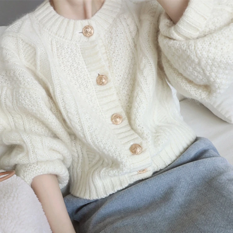 

2020 New Autumn Winter Kintted Open Stitch Single Breasted Sweater O Neck Full Solid Loose Women Sweaters