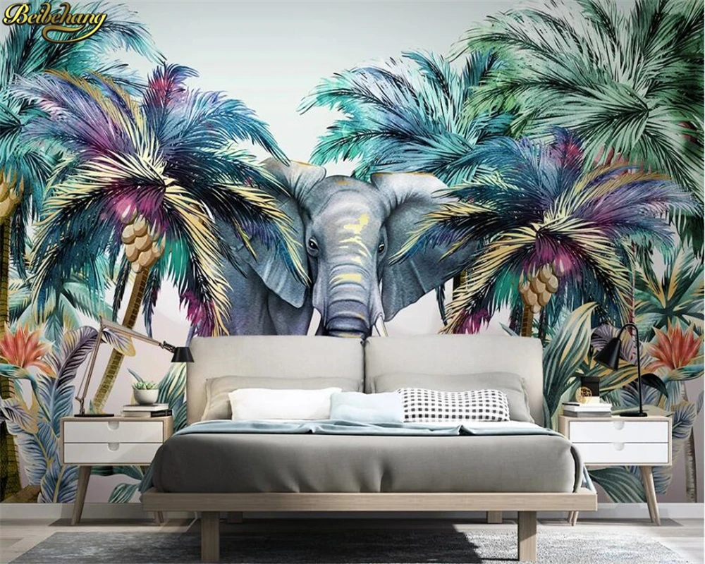3d обои ручная роспись лес животное Тропическое растение слон кокосовое дерево