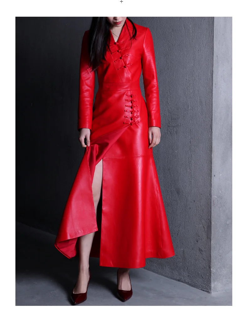 Женское кожаное длинное платье ручного изготовления с V образным вырезом и