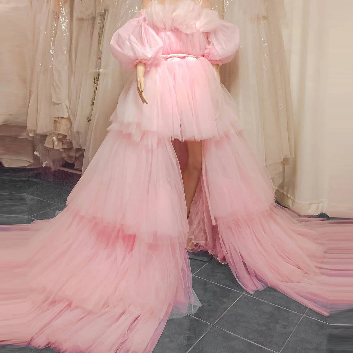 

Exquisite Pink Prom Dress Ruffle Off-The-Shoulder Bubble Sleeve High-Low Sweep Train Criss-ross Lace Up Back Event Dresses