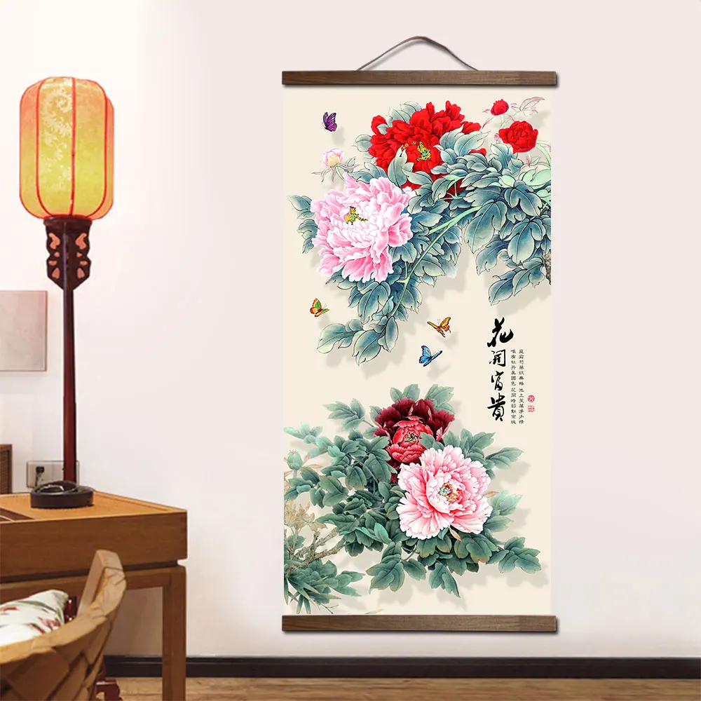 Chinese Style Flower Green Plants Canvas Decorative Store Bedroom for Living Room Wall Art Solid Wood Scroll Painting with Frame