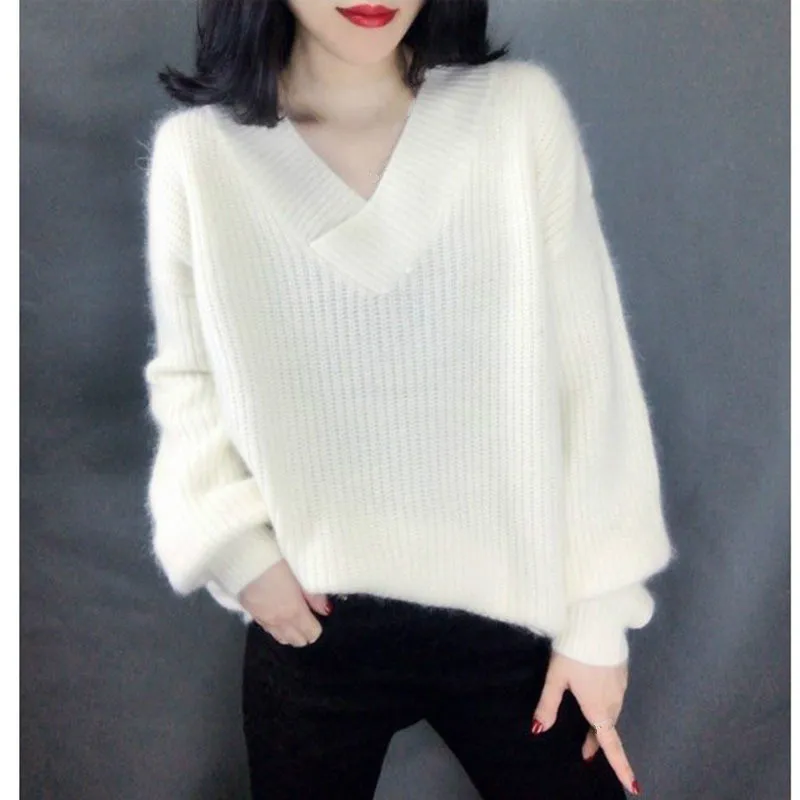 Толстый полосатый белый свитер для девочек зимний Свободный Пушистый вязаный с