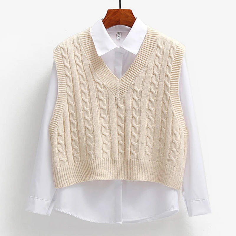 

Knitted Sweater Vest Women Sleeveless Loose Sweater Short Vest Ladies V-Neck Pullover Tank Tops Female Coats Vintage Pull