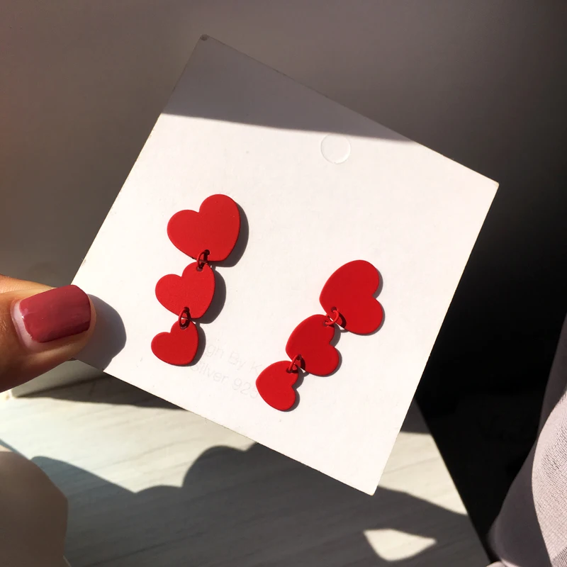 S925 иглы милые корейские серьги красивый дизайн теплые три красные сердца Висячие