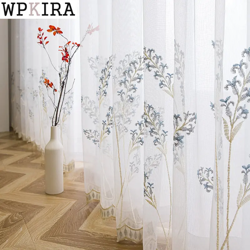 

Pastoral Floral Embroidery Voile Curtain for Living Room Lace Bottom Sheer Drape Kitchen Partition Bay Window Blinds S602#E